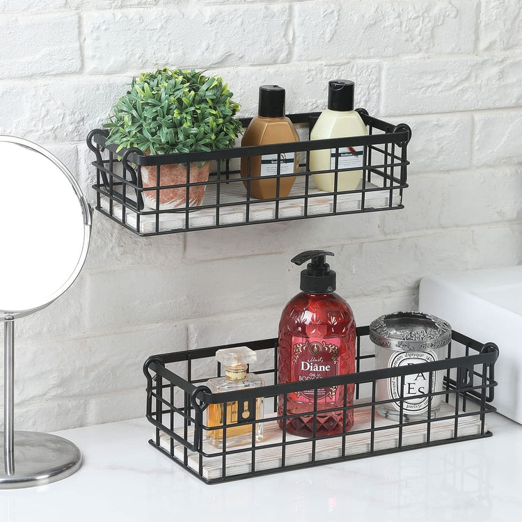 Set of 2, Decorative Storage Baskets with Handles, Black Metal Wire and Whitewashed Wood Rectangular Wall Baskets-MyGift