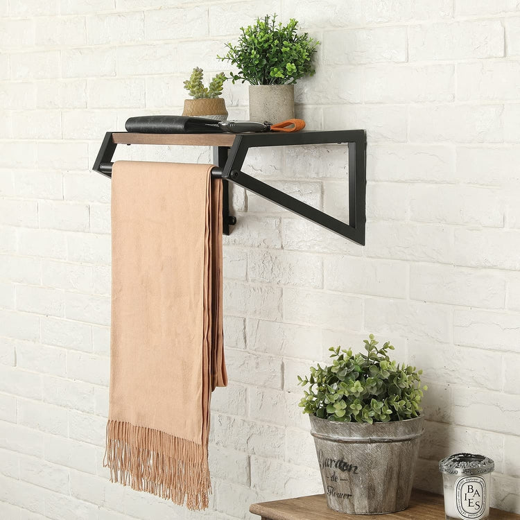 Wall Mounted Clothing Garment Rack with Floating Shelf, Brown Wood and Metal Clothes Hanger Rod-MyGift