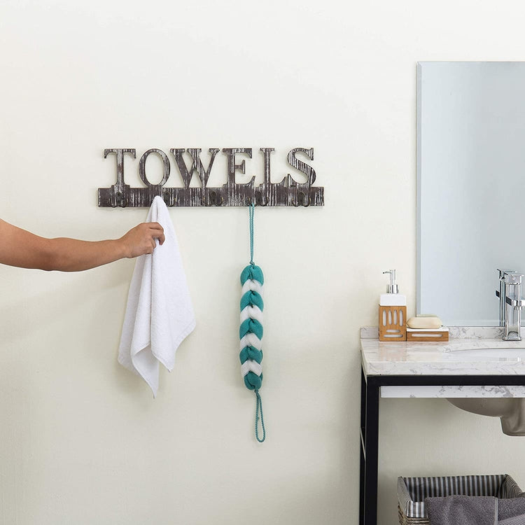 Torched Wood 5 DualHook Towel Hanging Rack with Cutout Letters MyGift