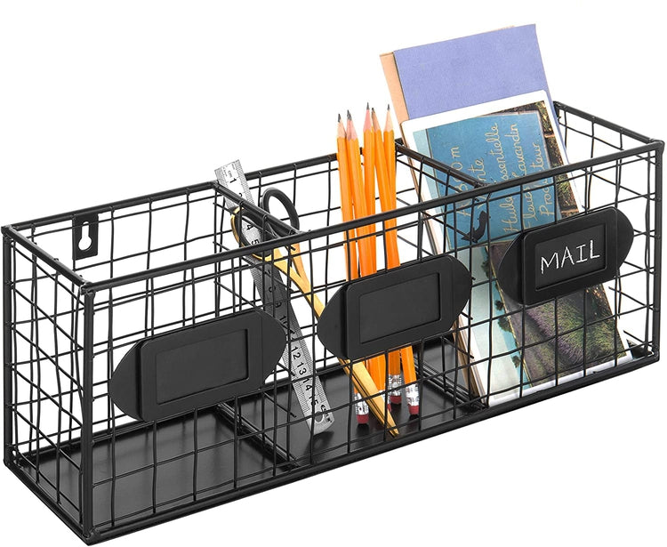 Black Metal Wall Mounted 3 Compartment Storage Basket, Flatware Organizer with Chalkboard Labels-MyGift