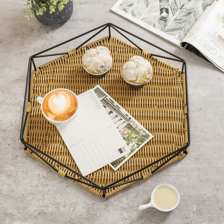 Hexagonal Brown Woven Rattan Tray with Black Metal Geometric Frame Handles-MyGift