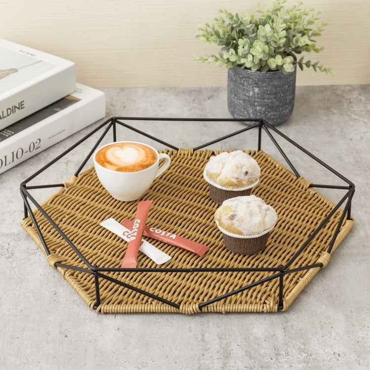 Hexagonal Brown Woven Rattan Tray with Black Metal Geometric Frame Handles-MyGift
