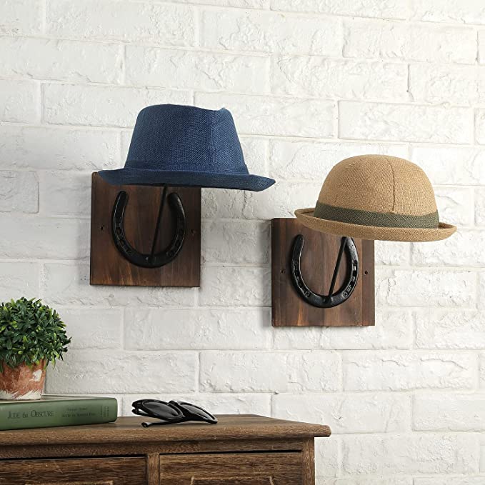 Vintage Burnt Wood Cast Iron Horseshoe Design Western Style Cowboy Hat, Hat Rack, Set of 2-MyGift