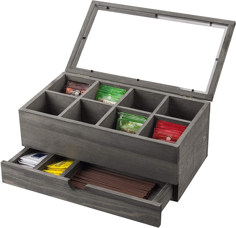 8-Slot Vintage Grey Tea Bag Storage Case with Clear Lid & Pullout Drawer-MyGift