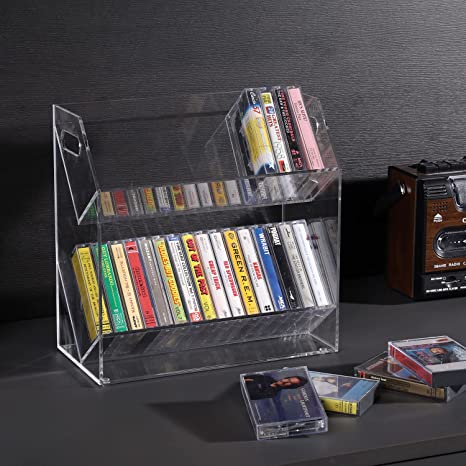 Clear Acrylic Cassette Tape Holder with Cutout Handles, 2 Tier Retro Audio Tape Deck Storage Display Case-MyGift
