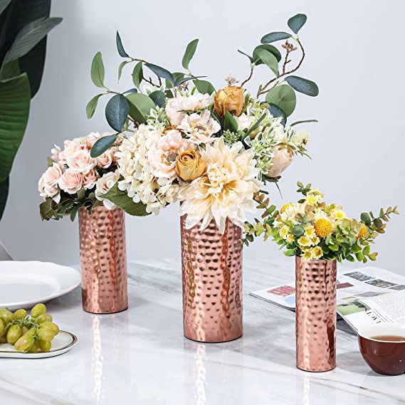 Modern Centerpiece, Decorative Copper Tone Metal Tall Cylinder Flower Vases, Set of 3 (Large, Medium, Small Sizes)-MyGift