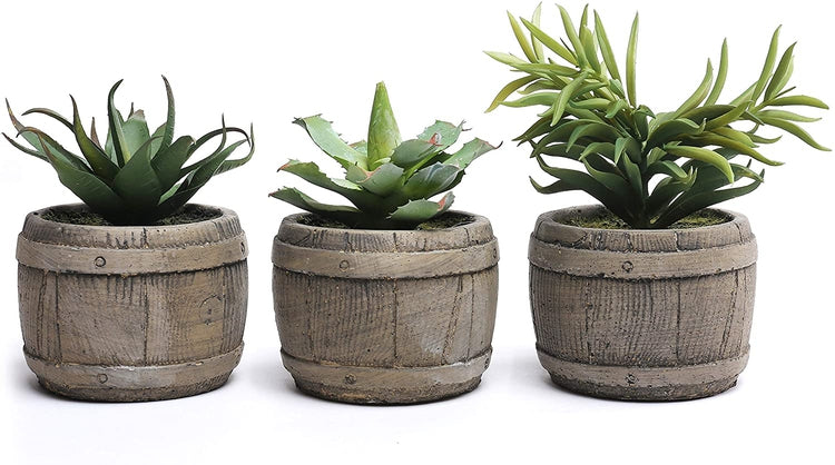 Set of 3 Brown Assorted Mini Artificial Succulents Plants in Rustic Wood Barrel Design Pots-MyGift
