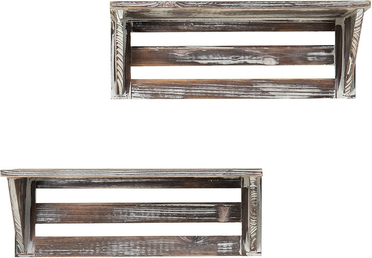 Set of 2, 16-Inch Torched Wood Wall-Mounted Storage Display Shelves-MyGift