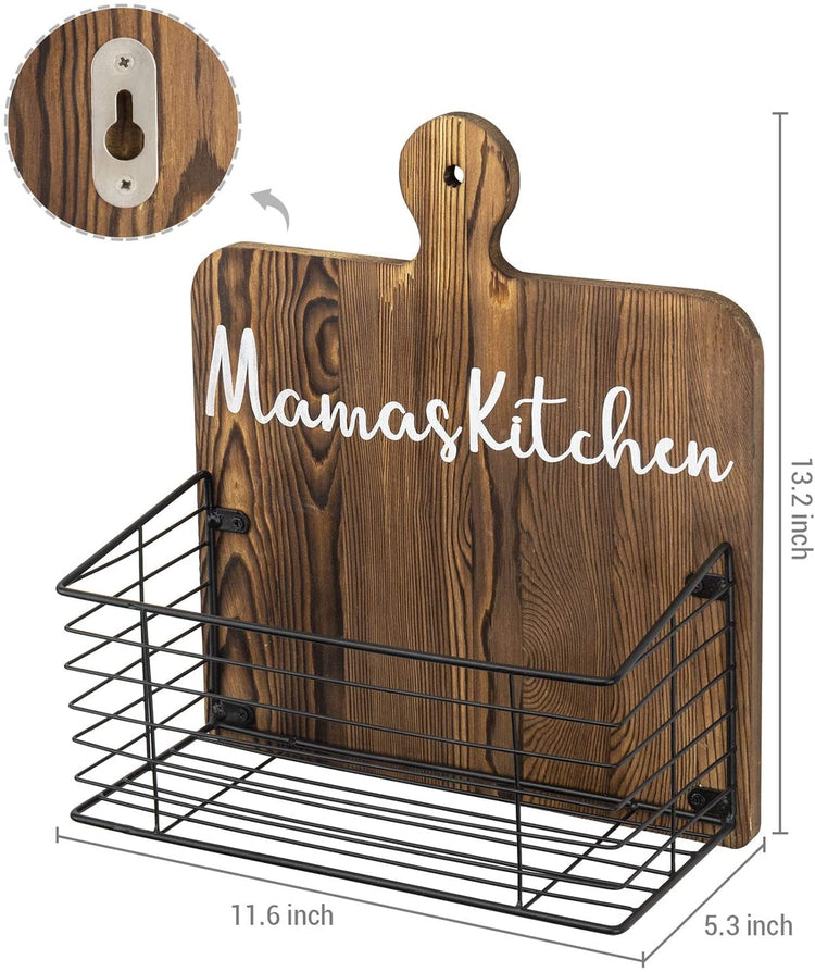 Dark Brown Wood and Black Metal Wire, Mama's Kitchen Cutting Board Style Storage Basket-MyGift