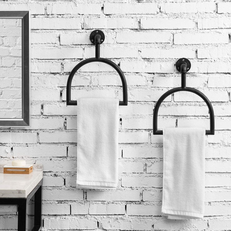 Set of 2, Wall Mounted Matte Black Stirrup-Shaped Hand Towel Rings, Industrial Pipe Bathroom Towel Holder-MyGift