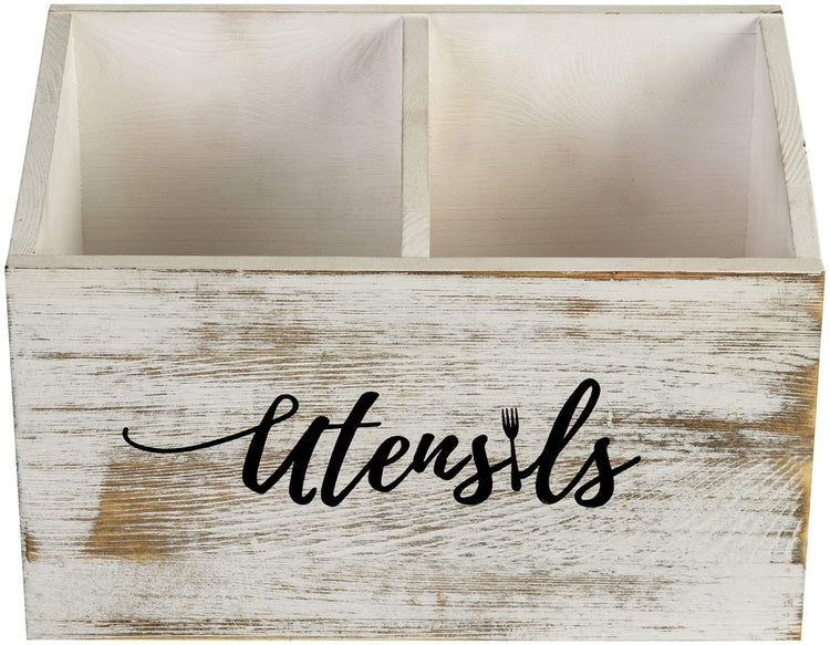 Rustic Whitewashed Solid Wood Kitchen Caddy with Cursive "Utensils" Text-MyGift