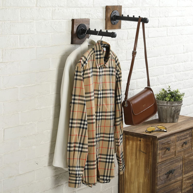 Wall Mounted Garment Hanger, Industrial Style Burnt Wood and Black Metal Pipe 4-Slot Clothing Wall Rack, Valet Bar-MyGift