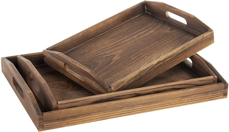 Set of 3 Nesting Brown Wood Serving Trays with Cutout Handles-MyGift