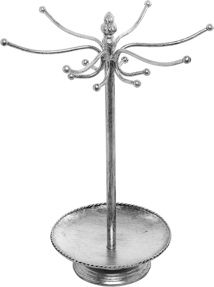 Victorian Style Silver Metal Jewelry Organizer Rack Stand with Ring Dish Tray-MyGift