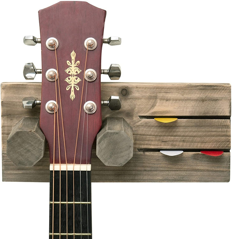 Graywashed Wood Wall-Mounted Guitar Hanging Rack w/ Pick Holder, Brown Guitar Equipment Holder-MyGift