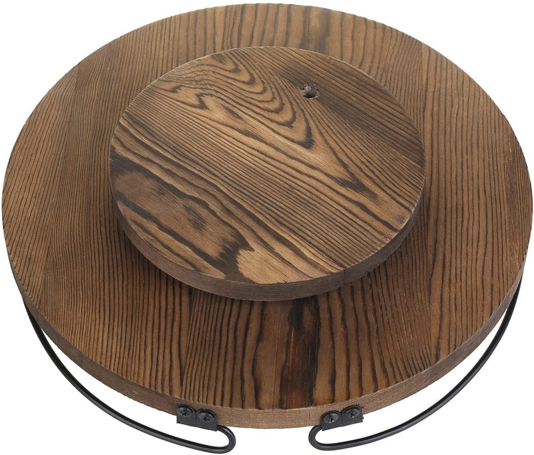 Burnt Wood Round Rotating Lazy Susan Style Display Tray with Black Metal Wire Rim-MyGift