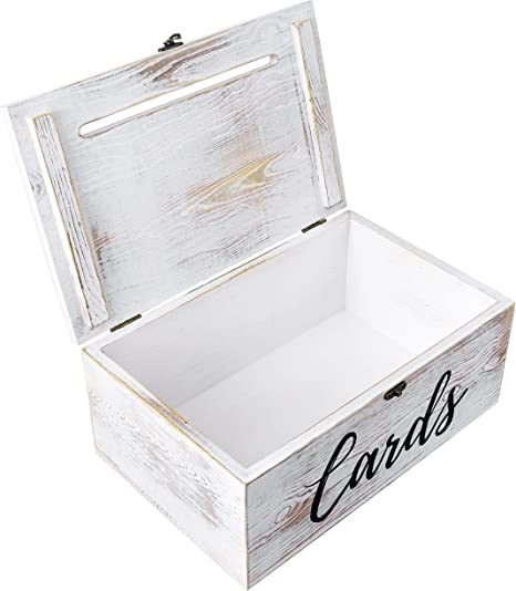 Shabby Whitewashed Wood Gift Card Box with Slotted Lid, Antique Hinge Latch & Cursive Cards Lettering-MyGift