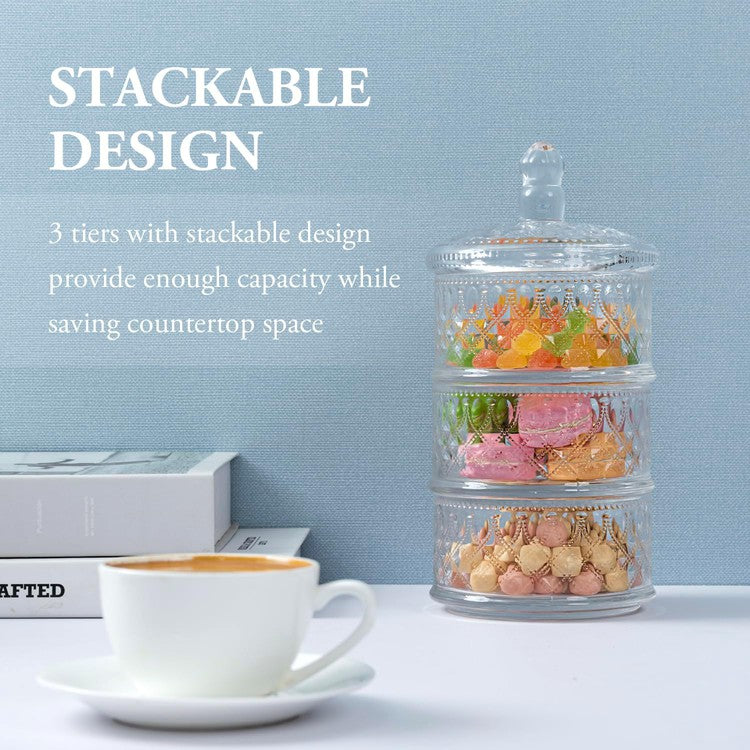 3 Tier Vintage Embossed Diamond Cut Pattern Clear Glass Stacking Storage Container, Candy Dish-MyGift