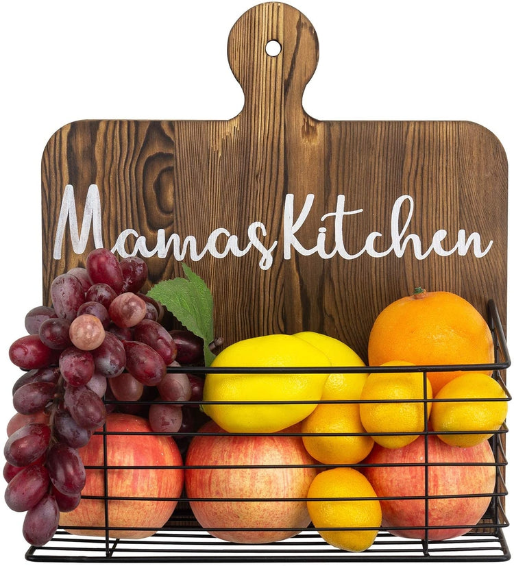 Dark Brown Wood and Black Metal Wire, Mama's Kitchen Cutting Board Style Storage Basket-MyGift