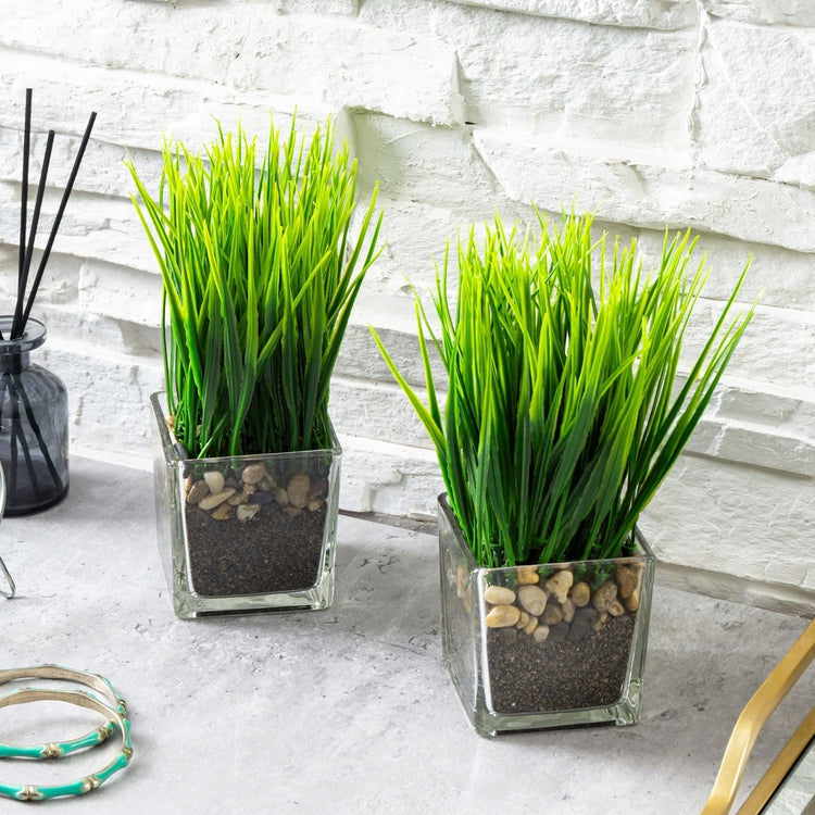 Set of 2, Artificial Grass Plants in Square Clear Glass Pots with Faux Pebbles and Soil, Potted Greenery-MyGift
