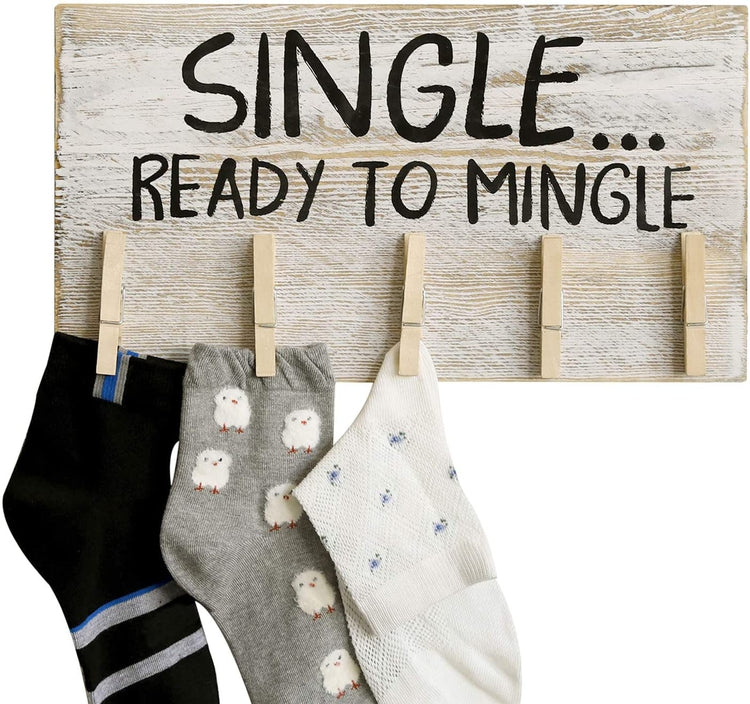 Whitewashed Wood, Single Ready to Mingle Lost Sock Sign, Wall Mounted Laundry Room Decor with 5 Clothes Pins-MyGift