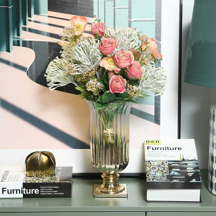 Brass Tone Gradient Ribbed Glass Flared Flower Vase Floral Arrangement Centerpiece-MyGift