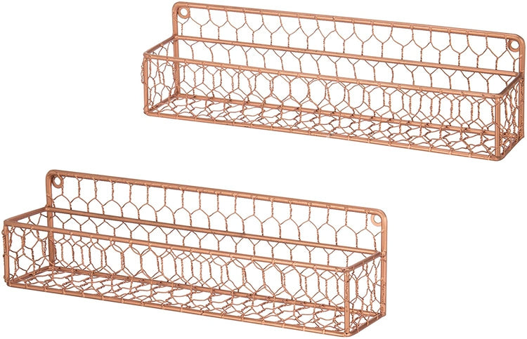 Set of 2 Wall-Mounted Copper-Tone Chicken Wire Spice Racks-MyGift