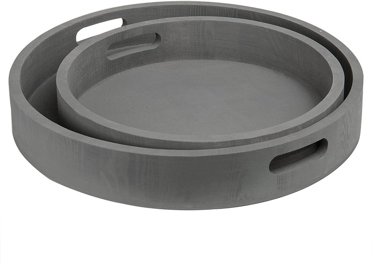 Set of 2, Round Nesting Charcoal Gray Wood Serving Trays-MyGift