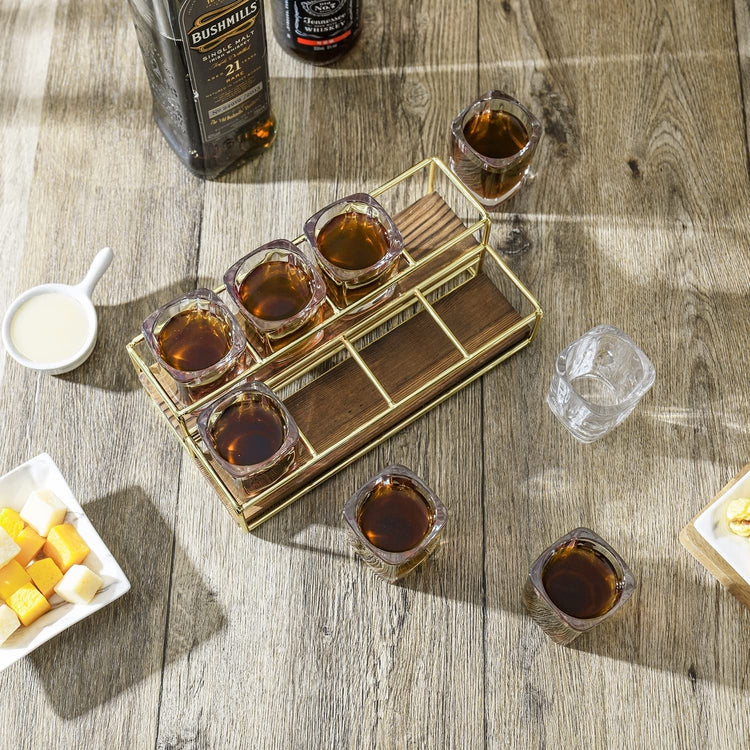 Shot Serving Tray, 2-Tier Brass Tone Metal and Burnt Wood Party Shots Server Tray with 8 Shot Glasses-MyGift