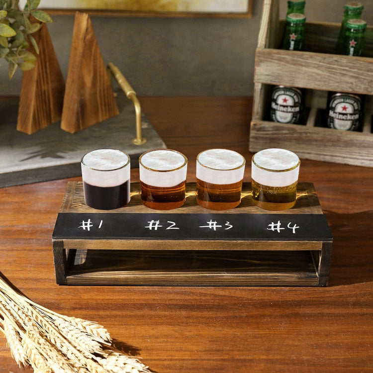 Dark Brown Burnt Wood Beer Flight Sampler Tray with 4 Beer Glasses and ...