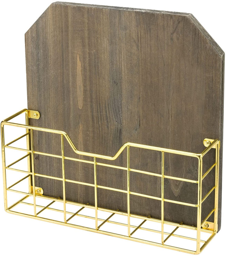 Rustic Reclaimed Style Wood and Gold Tone Metal Wire Basket Wall Mounted Magazine and File Holder Storage-MyGift