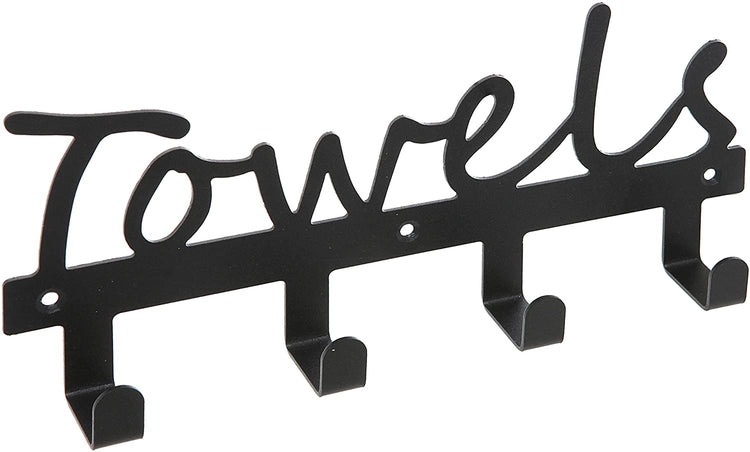 Wall Mounted Black Metal Towels Sign with 4 Hooks, Kitchen and Bathroom Towel Rack-MyGift