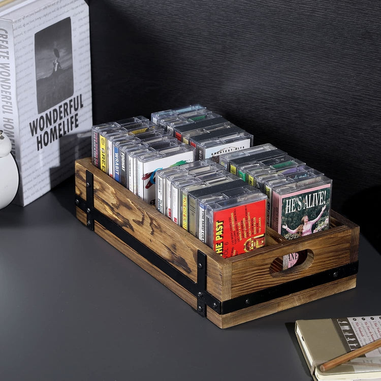 Burnt Wood Retro Audio Cassette Tape Storage Box with Matte Black Metal Bracket Accents-MyGift