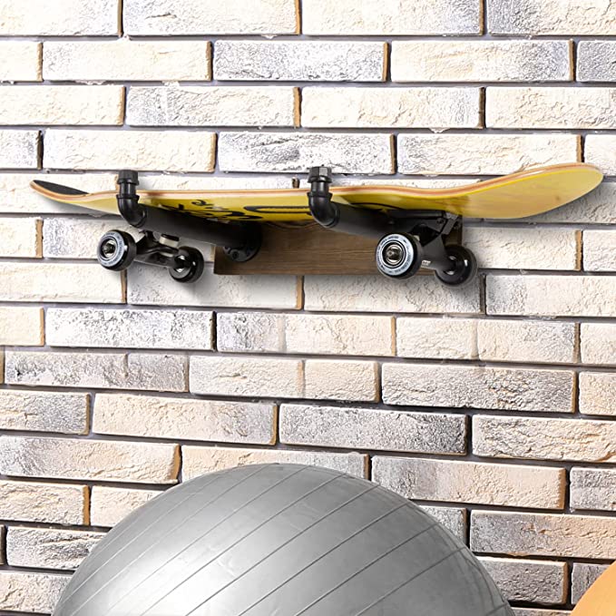 Wall Mounted Industrial Metal Pipe Longboard Skateboard Storage Rack with Burnt Solid Wood Backing, Set of 2-MyGift