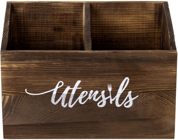 Dark Brown Wood Cooking Utensil Caddy with Cursive "Utensils" Text-MyGift