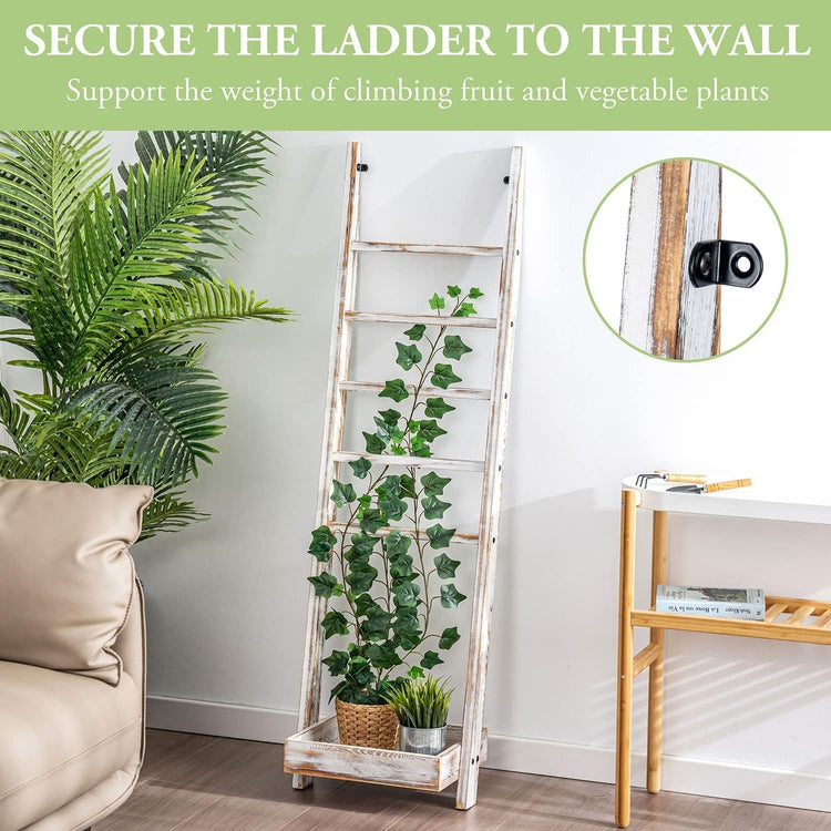 4.5 Foot White Wood Standing Ladder Style, Plant Stand Trellis with Garden Tray-MyGift