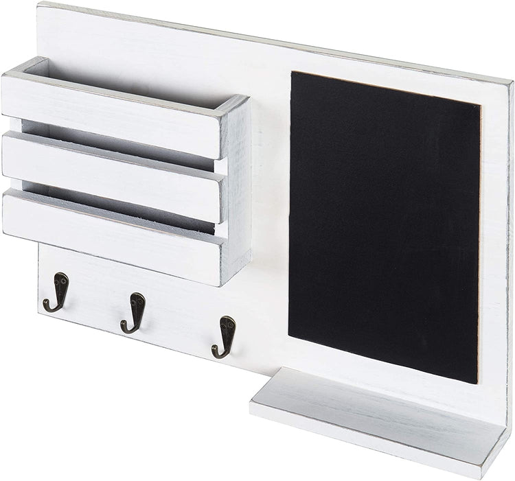 Vintage White Hanging Mail Sorter Rack with Chalkboard & 3 Key Hooks-MyGift
