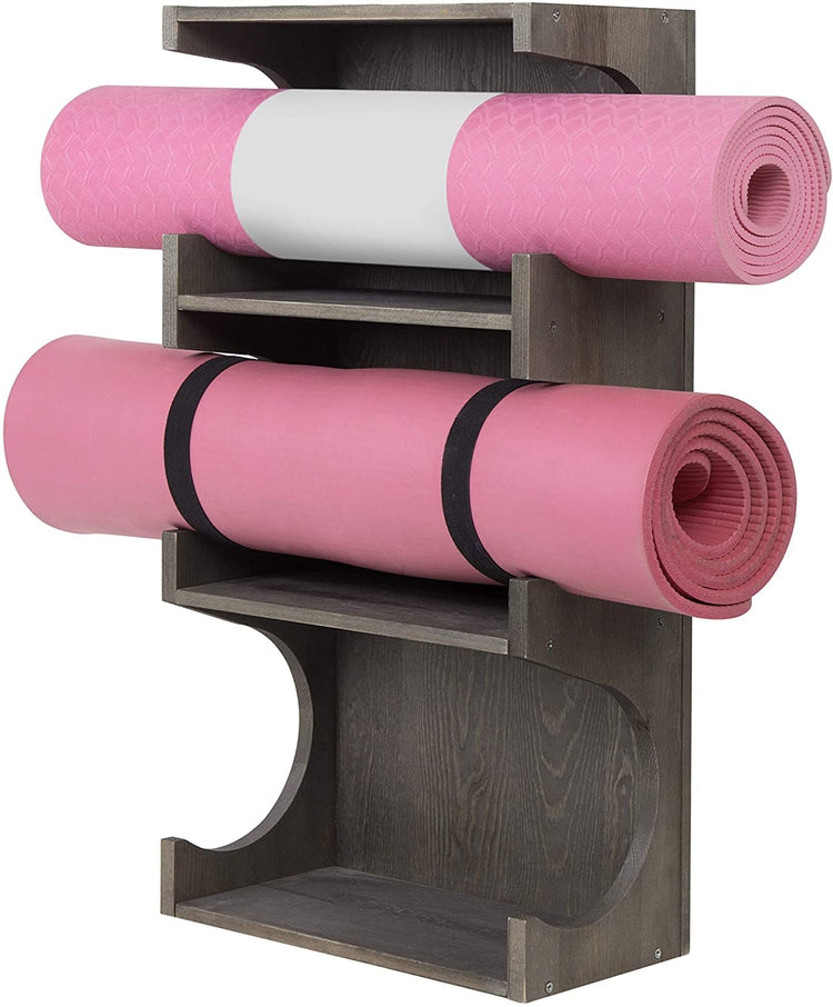 Wall-Mounted Vintage Gray Wood 3-Tier Yoga and Barre Mat Storage Rack-MyGift
