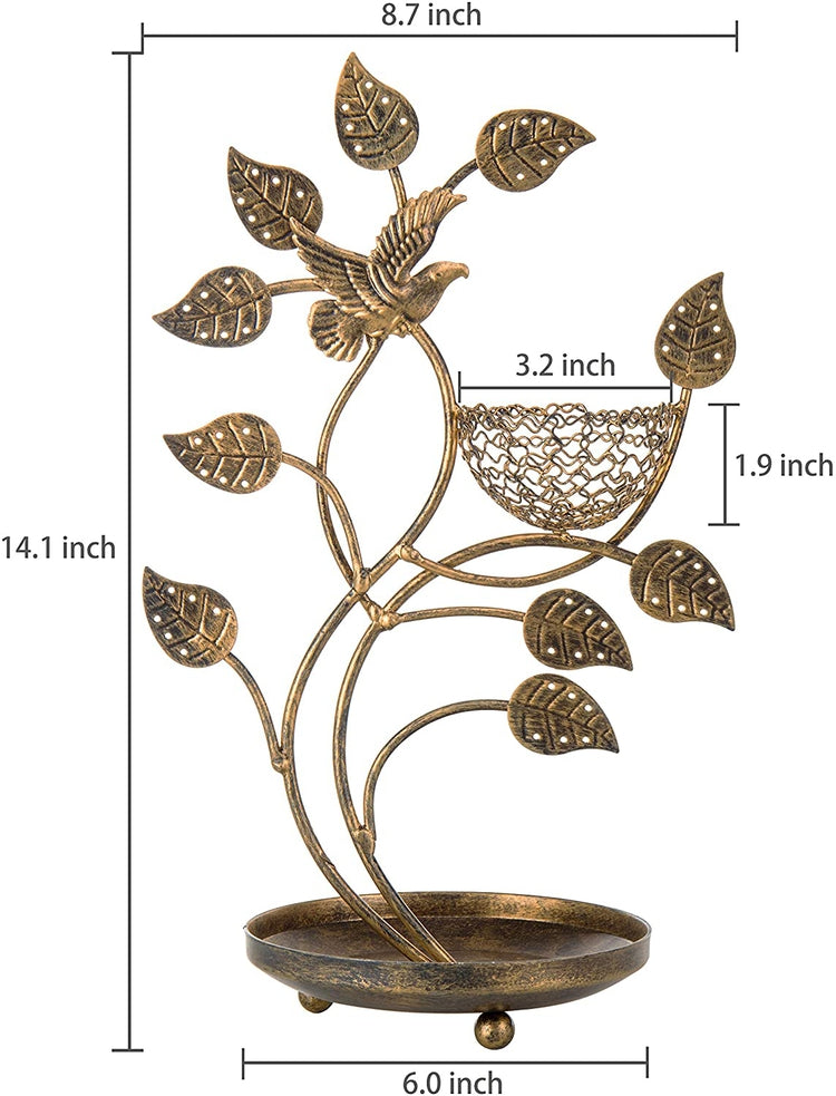 14-Inch Bronze-Tone Tree and Bird Nest Earring Stand, Jewelry Tower with Ring Trinket Organizing Tray-MyGift