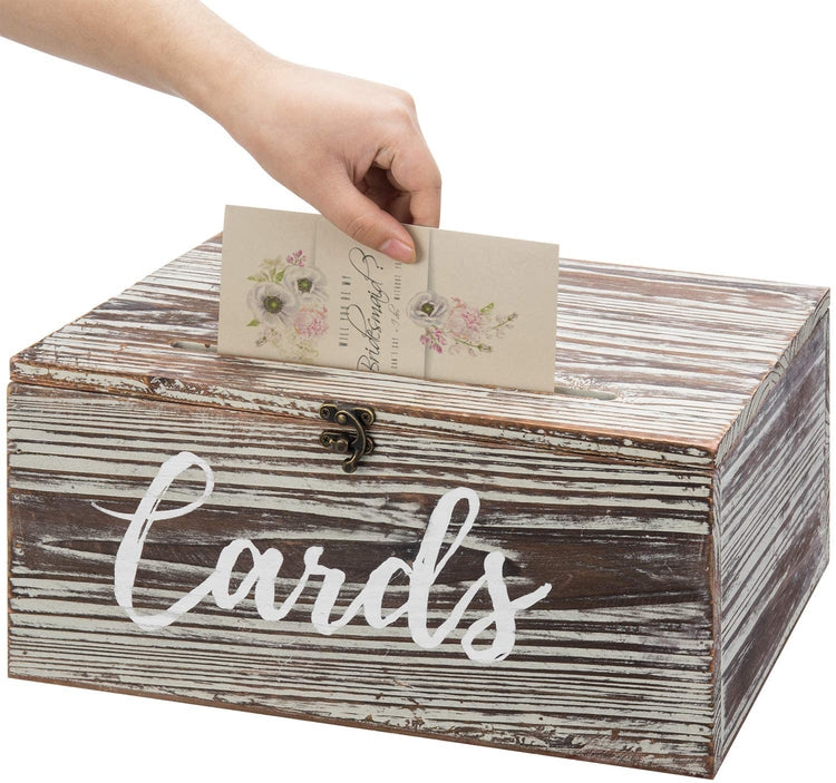 Torched Wood Wedding Gift Card Holder Box with Slotted Lid and Antique Hinge Lock-MyGift
