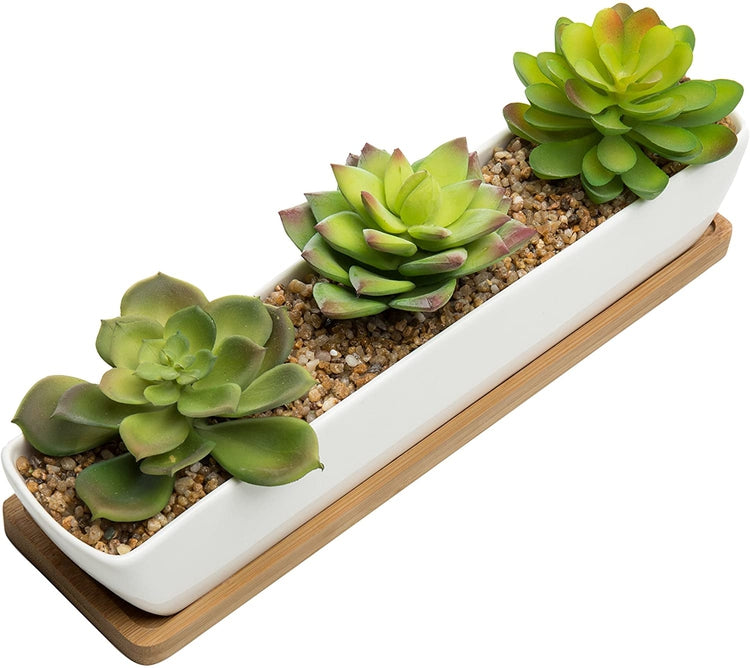 Artificial Succulent Arrangement in 11-Inch Ceramic Planter with Bamboo Tray-MyGift