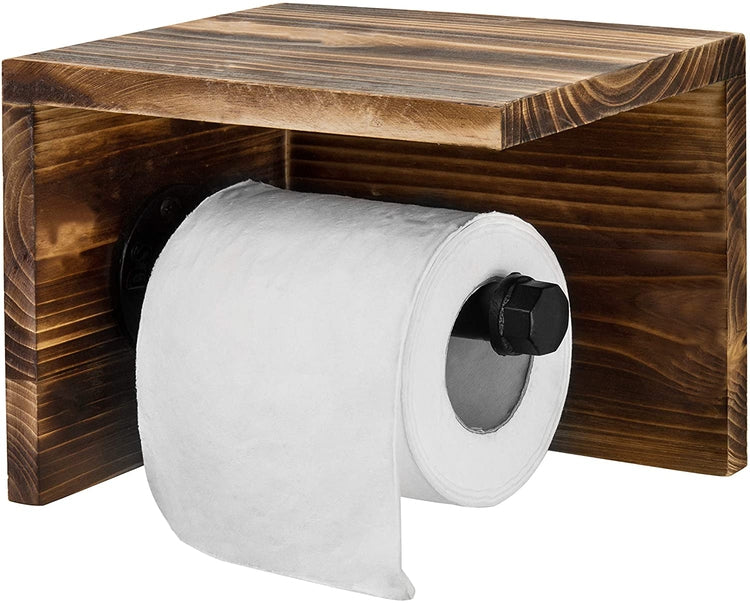 Dark Brown, Wall Mounted Wood and Pipe Toilet Paper Holder and Shelf-MyGift