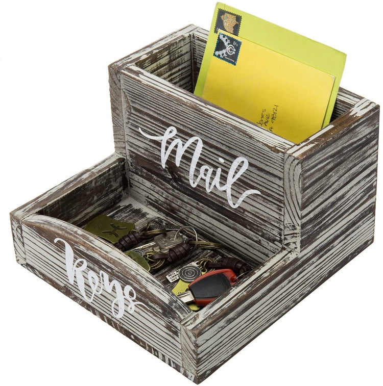 Torched Wood Tabletop Mail Organizer and Key Holder with Stylish Cursive Labels-MyGift