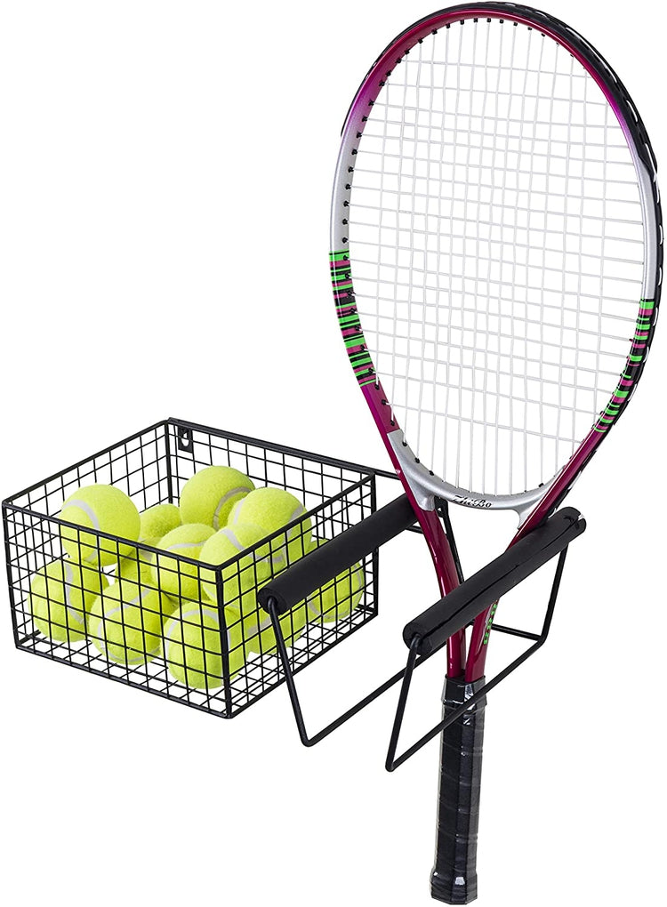 Tennis Racket Rest Wall Mounted Metal Tennis Racket Holder with Ball Storage Basket – MyGift