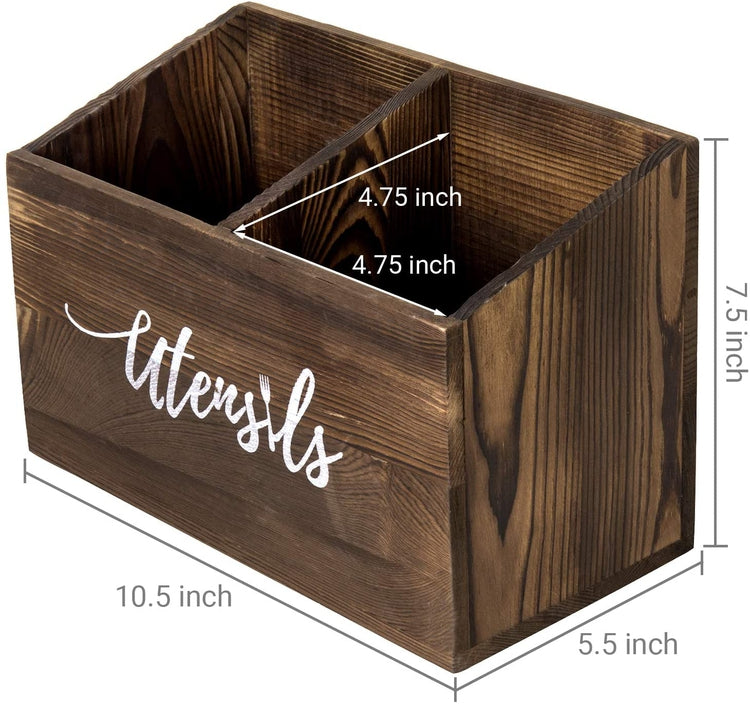 Dark Brown Wood Cooking Utensil Caddy with Cursive "Utensils" Text-MyGift
