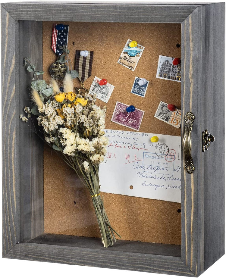 11x14 Gray Wood Shadow Box with Cork Backing, Wall Mounted Display Case with Clear Acrylic Front Window Panel-MyGift