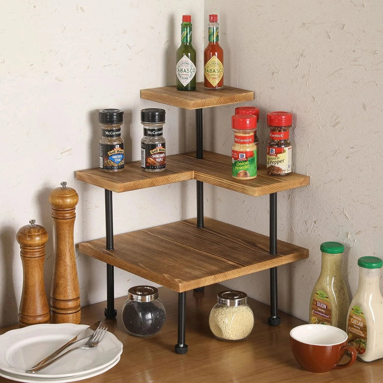 3 Tier Burnt Wood Kitchen Corner Shelf, Counter Spice and