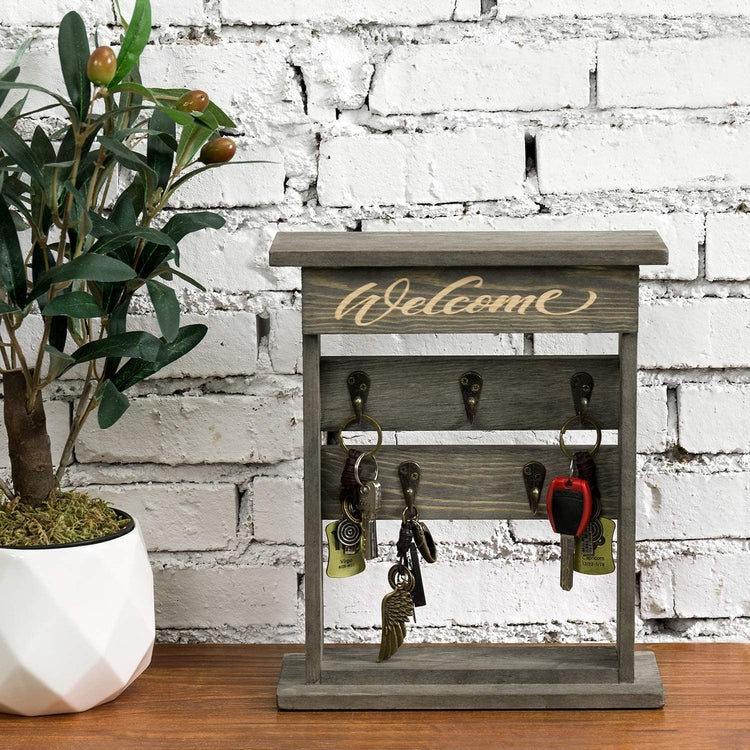 Tabletop Gray Solid Wood Key Organizer Rack with 5 Hanging Hooks and Welcome Sign-MyGift