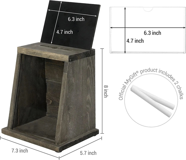Gray Wood Tip Collection and Donation Box with Window Panel, Top Slot, Lock, Key, Removable Chalkboard, Clear Sign Holder-MyGift