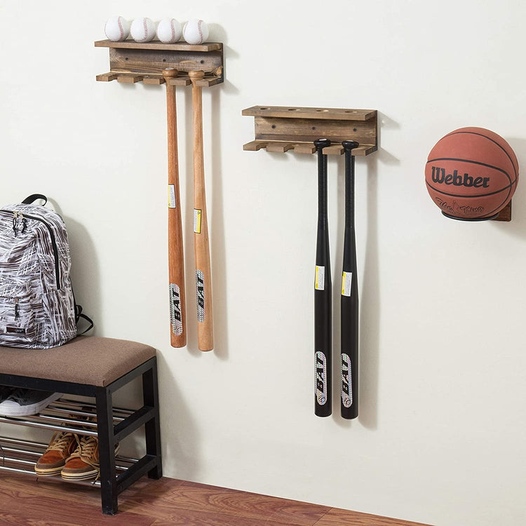 Set of 2, Wall-Mounted Burnt Wood Baseball Bat Rack and Ball Storage Shelf-MyGift